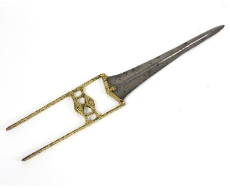 An Indian katar dagger, the shaped grip with foliate and scroll decoration in gilt, 47cm long   Condition Report:  Some tarni