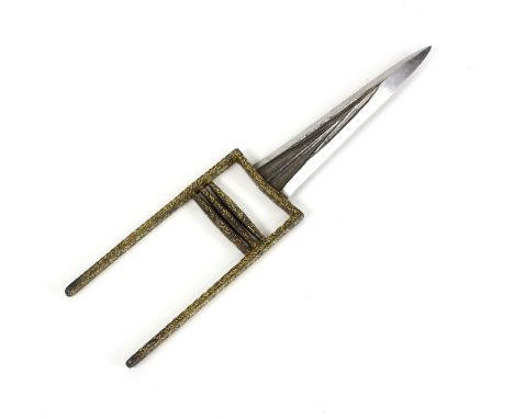 An Indian katar dagger with reinforced blade, shaped grip, foliate and scroll decoration in gilt, 37cm long   Condition Repor