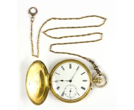 A Victorian 18ct gold cased hunter pocket watch, the case with initials and crests, the white enamel dial with Roman numerals