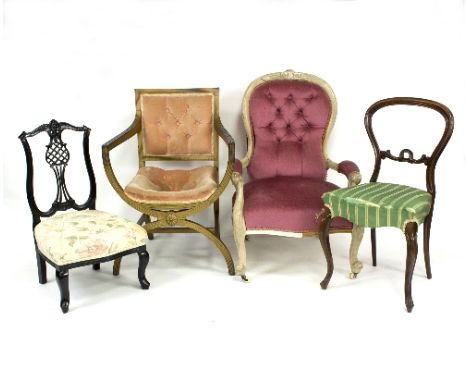 A 19th Century painted open armchair, the frame carved scrolls, with serpentine front, button back and three further chairs
