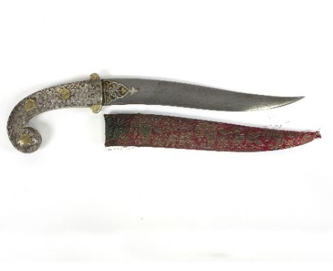 An Indian khanjar steel hilted dagger, the blade with gilded and silvered decoration, the pistol grip handle with foliate and