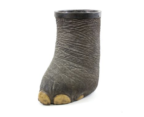 A taxidermy elephant's foot fashioned as a stick stand or jardinière   Condition Report:  1206:This is an elephant foot. 36.5