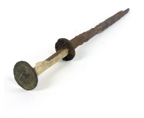 A Medieval dagger with floral etched pommel and tapering metal blade, 30cm long/see illustration