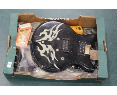 Two electric guitar bodies, switches, rack accessories and other guitar parts. CONDITION REPORT: All items in a used conditio