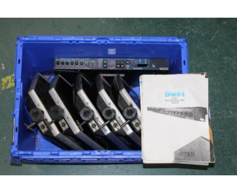 A Simmons SDE drum kit module No. 00697 with stand, together with five Simmons electronic drum pads and manual for same. COND