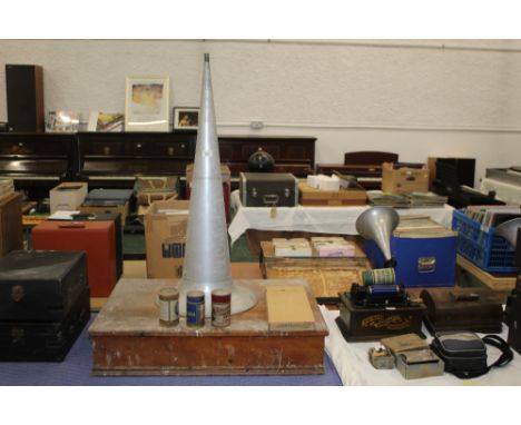 34 phonograph cylinders mostly with their original card boxes contained in stained pine 54 division case (condition of both p