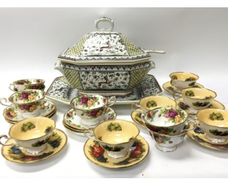 A Royal Albert, Old English County Rose pattern tea set six place setting cups and saucers. A French tureen and a Queens Chin