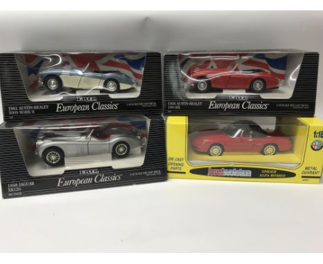 A collection of boxed diecast vehicles, 1:18 scale, including Ertl European classics, Austin Healey 3000 MK ll, Jaguar XK120,