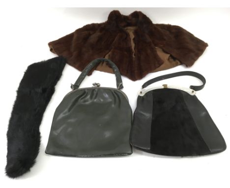A vintage fur capelet, stole and two handbags