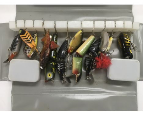 A case of vintage fishing lures.