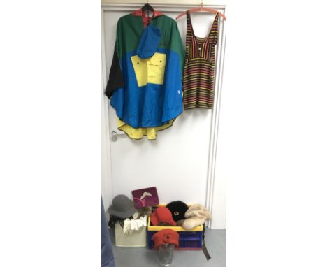 A vintage Mary Quant swimming costume and a pac a mac rainmac plus hats, wigs and accessories
