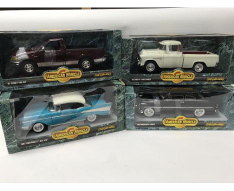 A collection of boxed 1:18 scale diecast vehicles including ERTL American Muscle, Ford F-150 XLT, Chevrolet Bel Air, Chevy 31