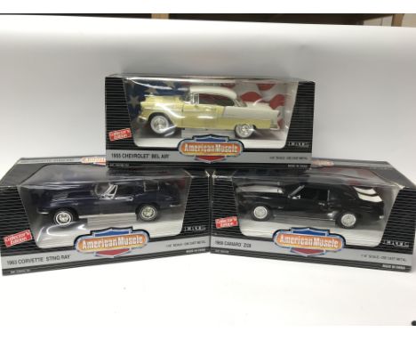 A collection of boxed 1:18 scale diecast vehicles including, ERTL American Muscle, Chevrolet Bel Air, Corvette Sting ray and 