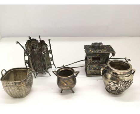 Five Chinese miniature silver items including an enamelled sedan chair and filigree lantern