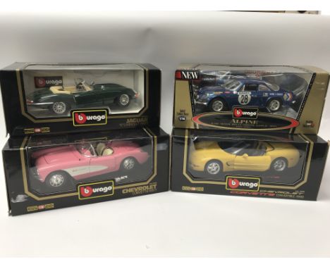 A collection of boxed diecast vehicles , 1:18 scale, including, Burago, Jaguar E cabriolet, Chevrolet Corvette 1957, Alpine A