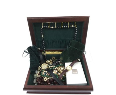 A mahogany jewellery box and contents including Rotary watches