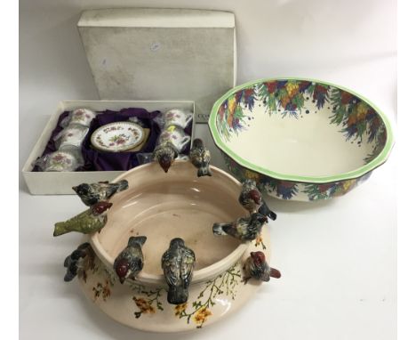 A boxed set of six Coalport  cups and saucers, an unusual pottery bowl surmounted by birds and a washbasin