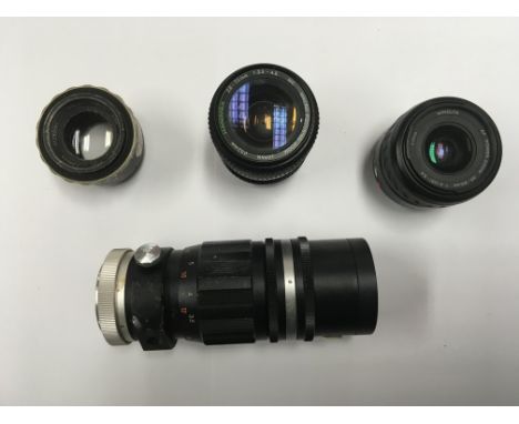 A group of four camera lenses to include a Minolta 35-80mm, a Wray 6-8 wide angle lens, a Sankor telephoto and a hanimex lens