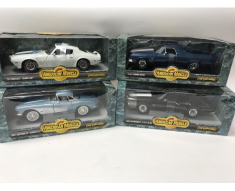 A collection of boxed 1:18 scale diecast vehicles including ERTL American Muscle, Pontiac TransnAM, El Camino SS454, Chevrole