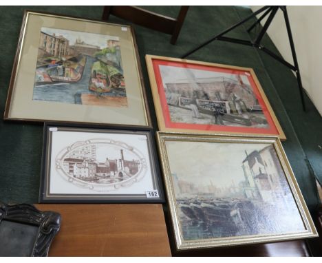 4 Birmingham canal themed pictures to include oil and watercolour of Gas Street Basin 