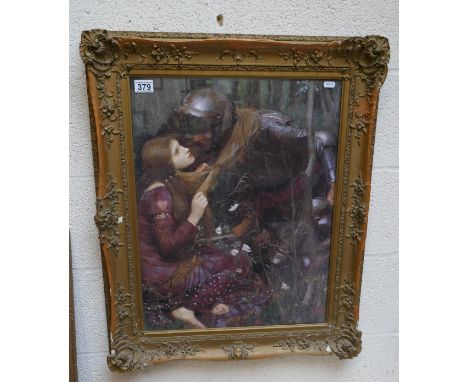 Print of girl and medieval soldier in ornate gilt frame 