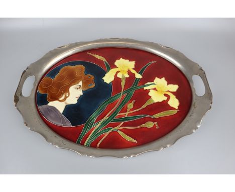 Porcelain, enamel and silver plate metal Art Nouveau serving tray