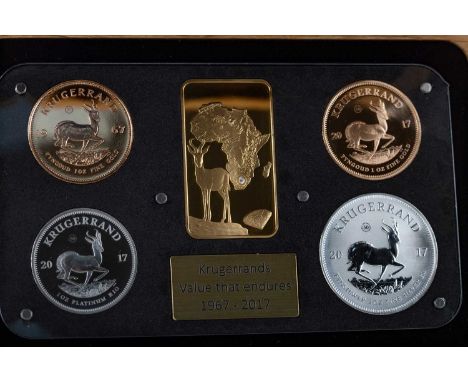 THE 1967 - 2017 SOUTH AFRICAN MINT KRUGERRAND VINTAGE GOLD, SILVER AND PLATINUM FOUR COIN SET,comprising 1967 gold krugerrand