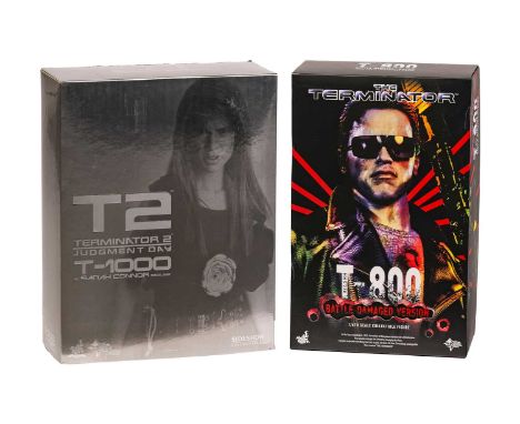 A The Terminator Hot Toys T-800 Battle Damaged Version 1:6 scale collectible figure, MMS238, together with T2 T-1000 in Sarah