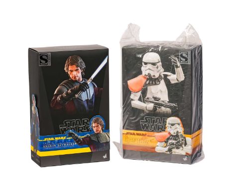 A Star Wars Hot Toys Anakin Skywalker 1:6 Scale Figure, TMS019, with original outer carton, together with TMS041, Stormtroope