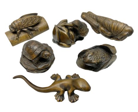 Six netsuke, modelled as a lizard, cricket, frog, bird on a flower, turtle and insect