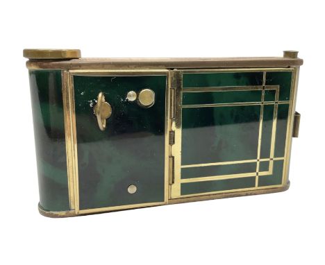 Art Deco camera shaped lady's musical compact and cigarette case, probably German, with green marble effect panels and gilt h