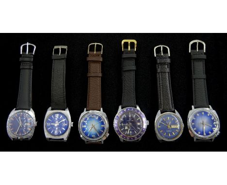 Six manual wind wristwatches including Timemaster, interpol, Corvair, Arkay De Luxe, Genova Super De Luxe and Ruhla, all with