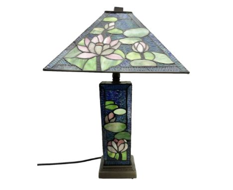 Tiffany Pond Lily style table lamp and shade with leaded panels of green, pink and rippled blue water effect ground, raised u