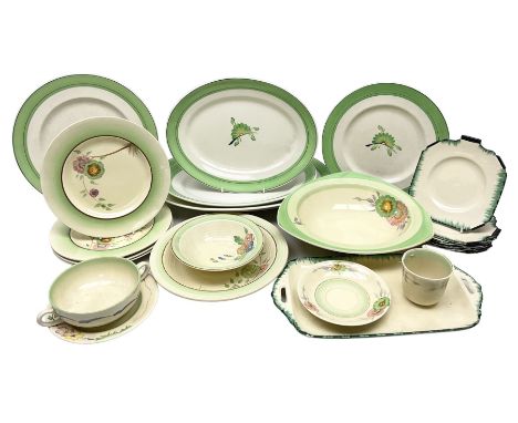 Clarice Cliff for Newport Pottery Corolla pattern tea and dinner wares, comprising triangular bowl, four side plates, two sha