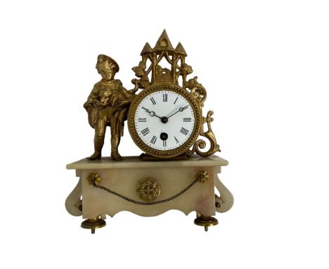 French alabaster and gilt spelter 8-day mantle clock with a drum timepiece movement on a raised rectangular alabaster base wi