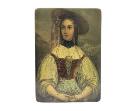 19th century Stobwasser papier-m�ch� box, circa 1830-1850, the hinged cover painted with a portrait of a lady in wide brimmed