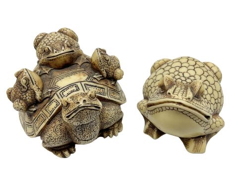 Two netsuke, comprising an example modelled with three frogs upon the shell of a tortoise together with a frog with scaled bo