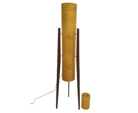 Mid century floor standing rocket lamp, the spun cylindrical orange fibreglass shade supported by three tapering teak legs, t