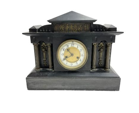 Slate mantle clock c1890 with an American �Waterbury� eight-day spring driven movement striking the hours on a gong (missing)