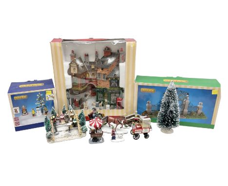 Christmas decorations; Lamax light up English Lane wall hanging, together with Lemax Frolic in the snow, Victorian parkway an