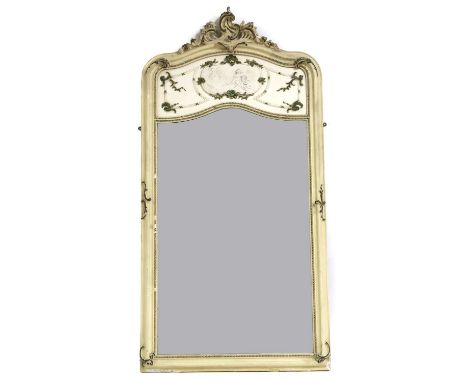 A Louis XV-style painted and parcel-gilt wood and gesso trumeau mirror, 20th century, the arched top with Rococo scrolls, abo