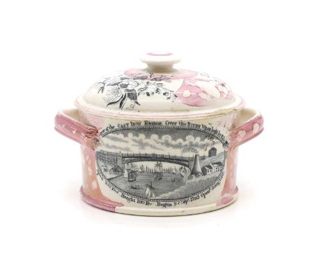 A Sunderland lustre glazed butter dish and cover  c.19th Century, with handle to either decorated with the 'iron bridge over 