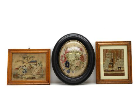 A group of wool and silkwork pictures, 19th century, decorated with figures, landscapes and flowers, the largest 53 x 46cm (6
