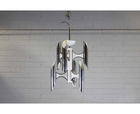 A six-light chrome ceiling light, c.1970, attributed to Gaetano Sciolari, formed of six tubular lights around a central colum