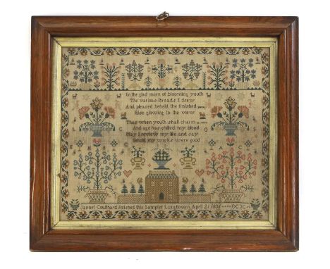A needlework sampler,  by Jannet Coulthard, dated April 21 1836, woven with silks on linen, with a verse above a pictorial sc