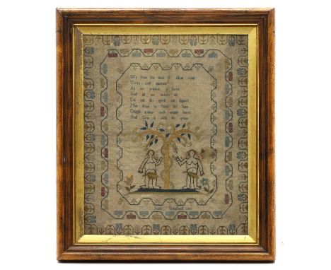 A needlework sampler,  silks on linen, 18th century, the centre with verse and Adam and Eve pictorial detail within a foliate