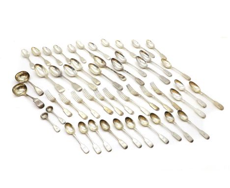 A collection of Victorian silver Fiddle pattern flatware, 1835-1881, comprising ten dinner spoons, fifteen dessert spoons, te