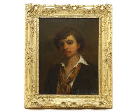 Continental School, 19th century, Portrait of a man, wearing a scarf, oil on canvas, 44.5 x 35.5cm, in a gilt frameCondition 