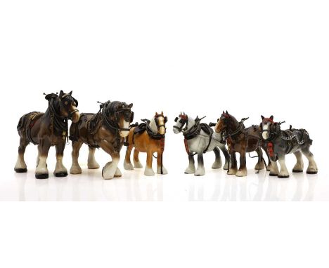 Three Beswick Shire horses,  each with harnesses, printed marks, 21.5cm, and  three further Shire horses, Melba ware and Sylv