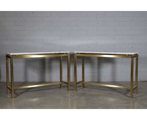 A pair of brass and marble console tables, 20th century, each white rectangular marble top raised on stretchered square secti